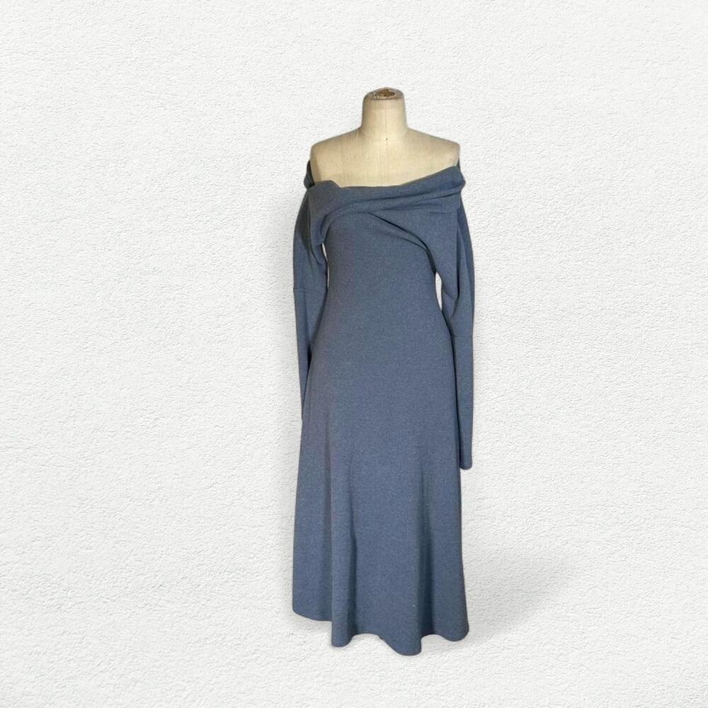 Fashion Nova Stay Cozy One Shoulder Maxi Dress in Denim Blue